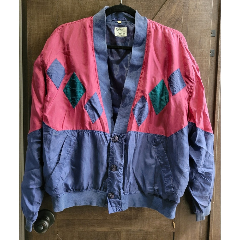 Vintage Reine Seide Pure Silk Bomber‎ Jacket Pink Blue Argyle Colorblock Small